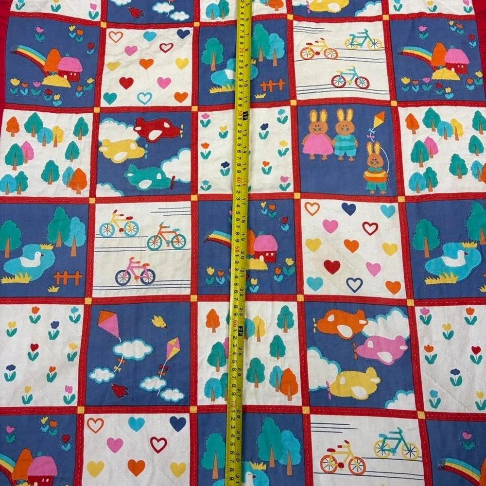 Handmade Vintage Style Patchwork Baby Quilt Red Multi Animal Rainbow 33x30